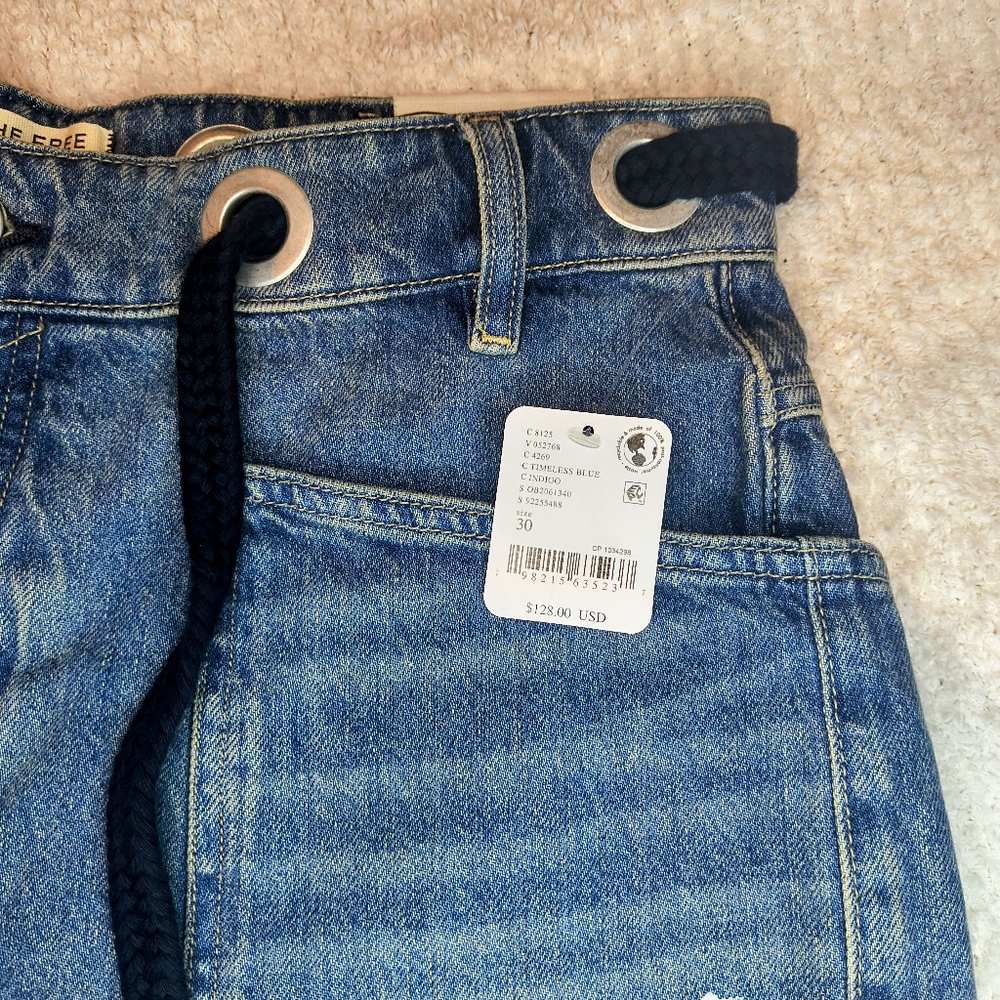 Free People Blue Distressed Denim Jean Shorts with Rope Tie - Picture 7 of 8